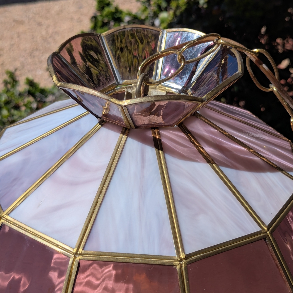 Vintage Tiffany Style MCM Purple and Pink Stained Glass Hanging Pendant Light - Picture 8 of 13